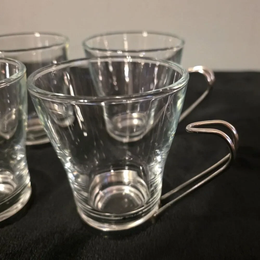 Bormioli Rocco Glass Espresso Coffee Tea Cup Stainless Steel Handle Set of 4